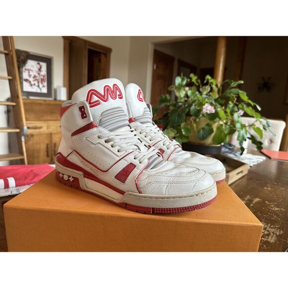 Louis Vuitton LV TRAINER SNEAKER MID TOP W/BOX Men’s UK size 8 Red White RARE! - Picture 5 of 12